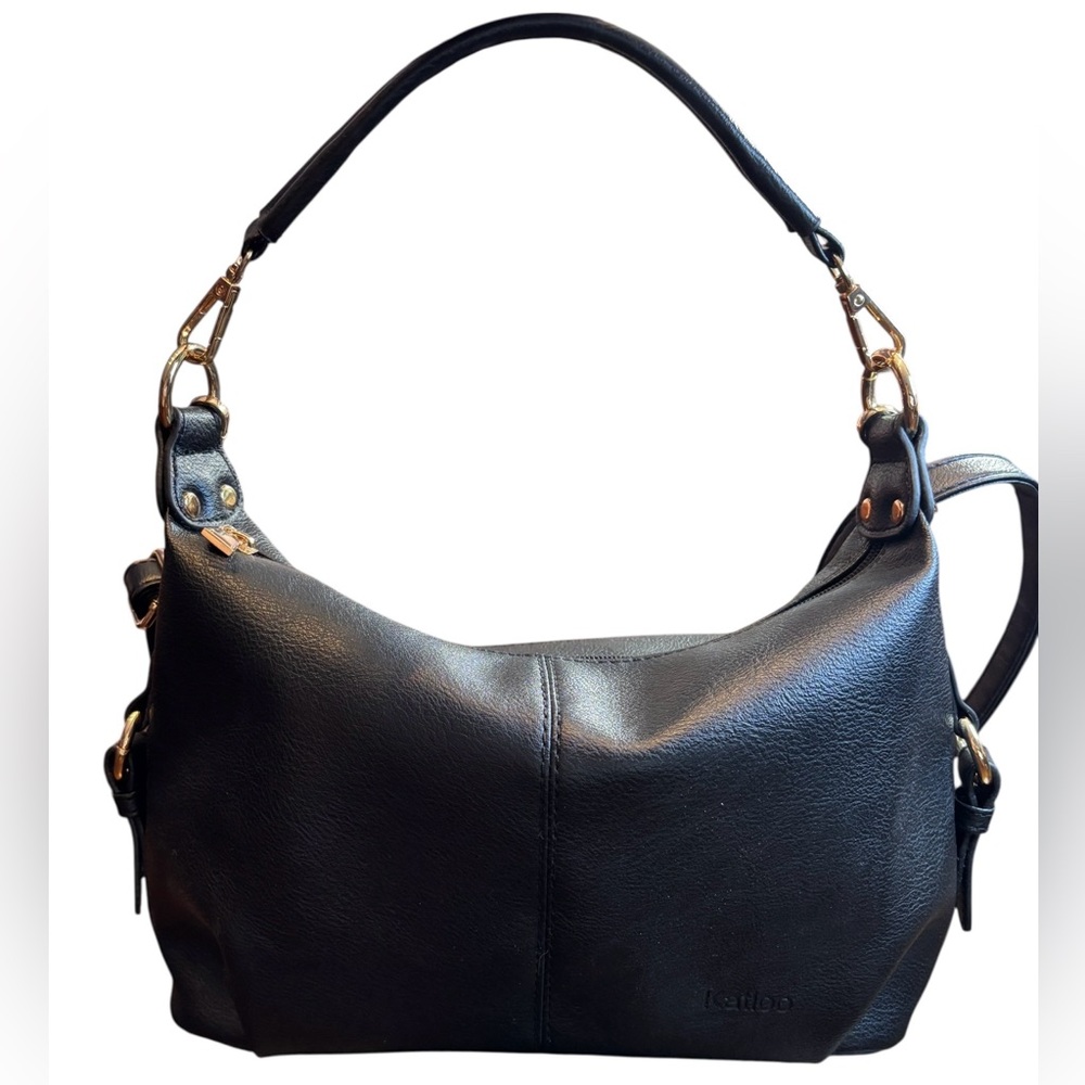 Black Faux Leather Convertible Shoulder Crossbody Bag Gold Hardware